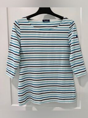SAINT JAMES Breton Stretch White Blue Stripe 3/4 Sleeves UV Nautical Top (Sz 10)